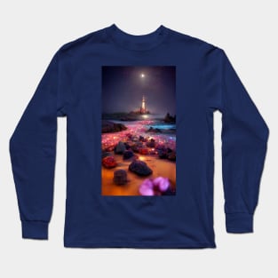 Mystical lighthouse in a glow beach pointing at Polaris Long Sleeve T-Shirt